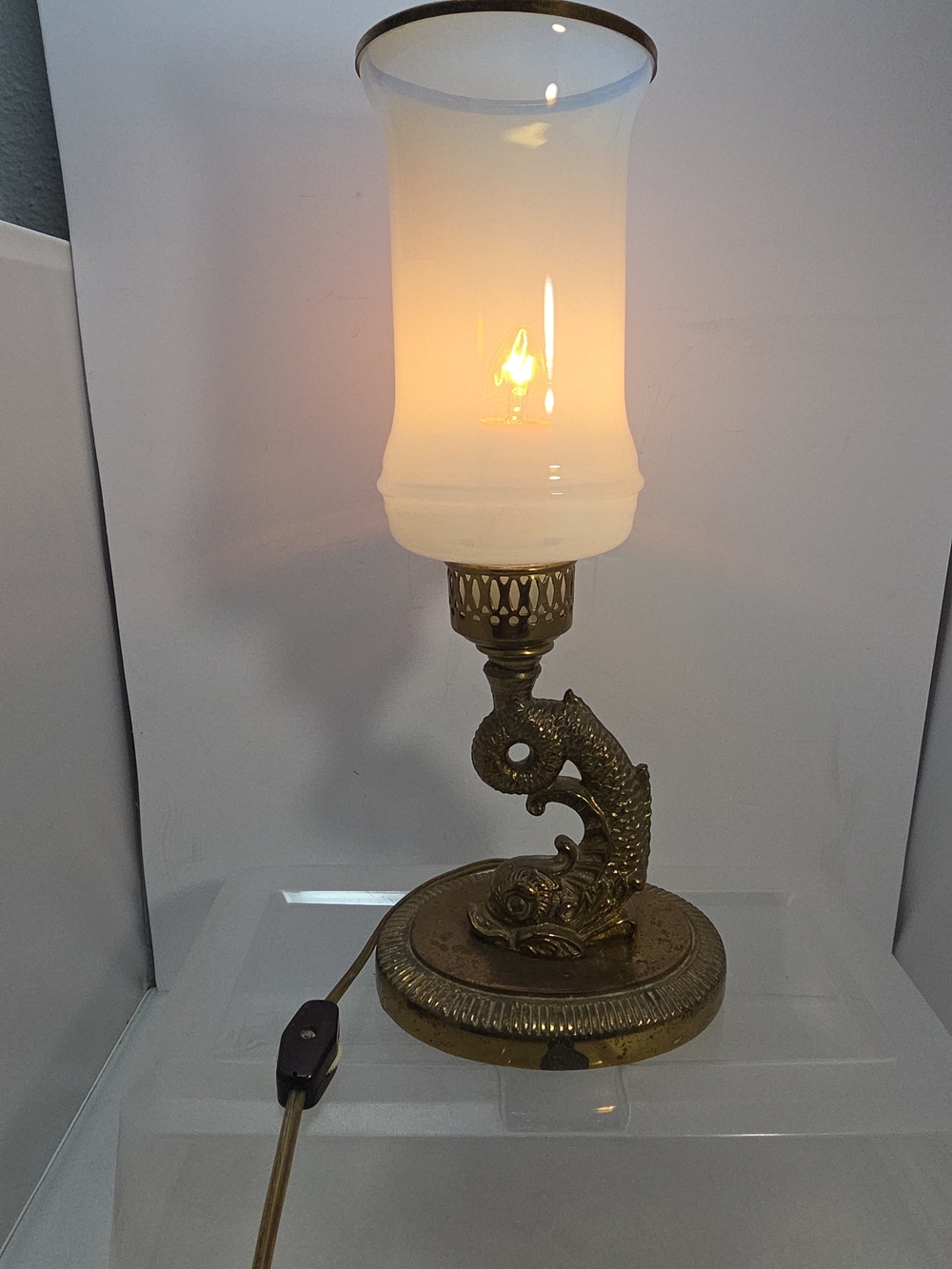 Vintage Brass Koi Fish Table Lamp Opaline Glass Hurricane Shade